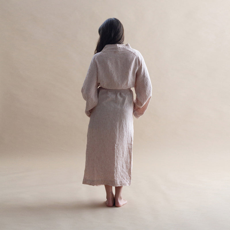 Linen Robe - Mini Terracotta Stripe