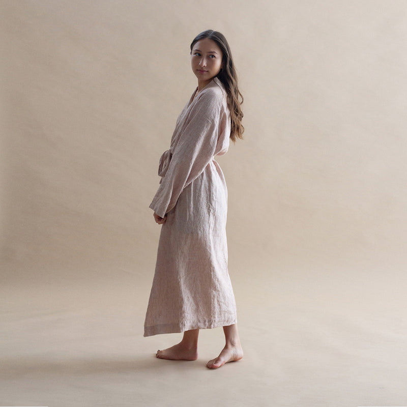 Linen Robe - Mini Terracotta Stripe