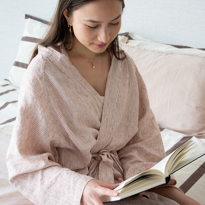 Linen Robe - Mini Terracotta Stripe