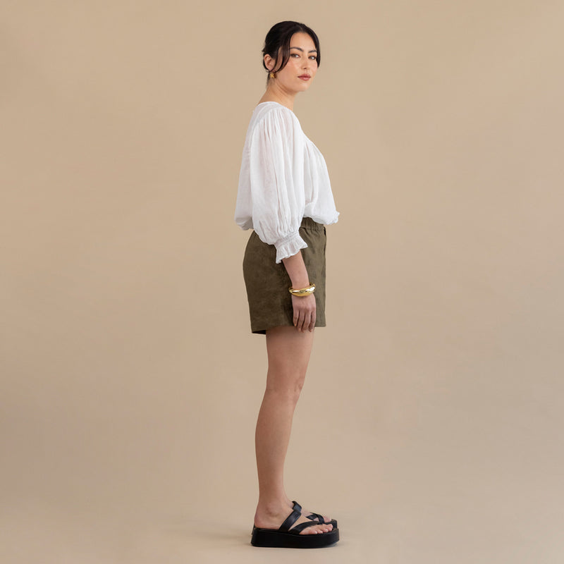 Jen Linen Short - Khaki Embroidery