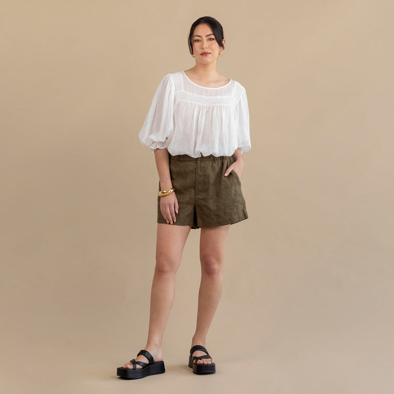 Jen Linen Short - Khaki Embroidery