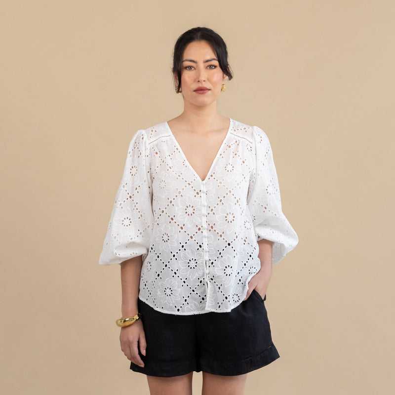 Maia Broderie Blouse - White