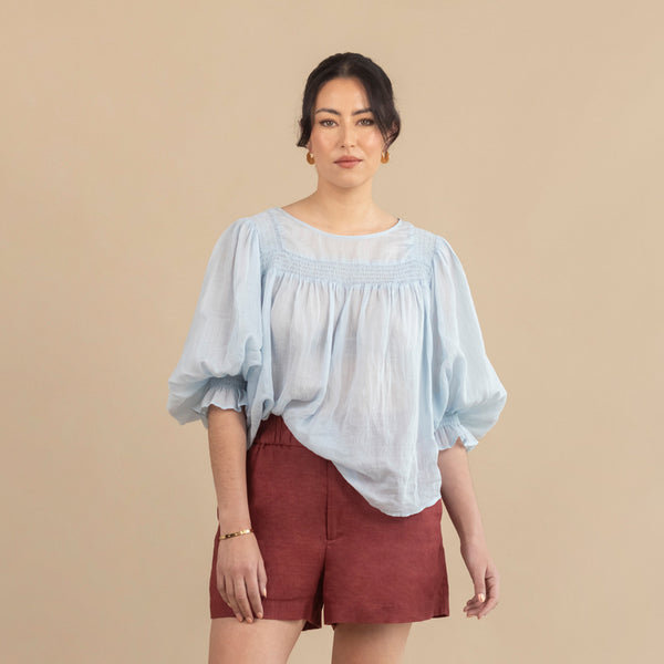 Ivy Shirred Blouse - Dusty Blue