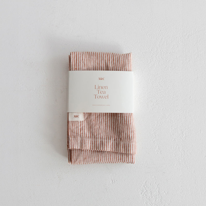 Linen Tea Towel - Mini Terracotta Stripe
