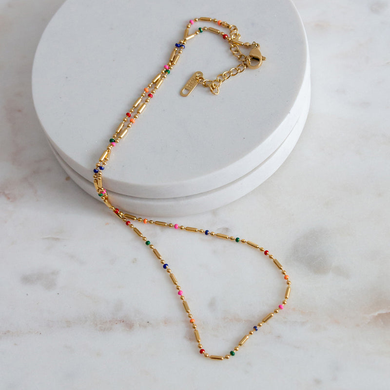 Coloured Bead Chain Necklace - Gold