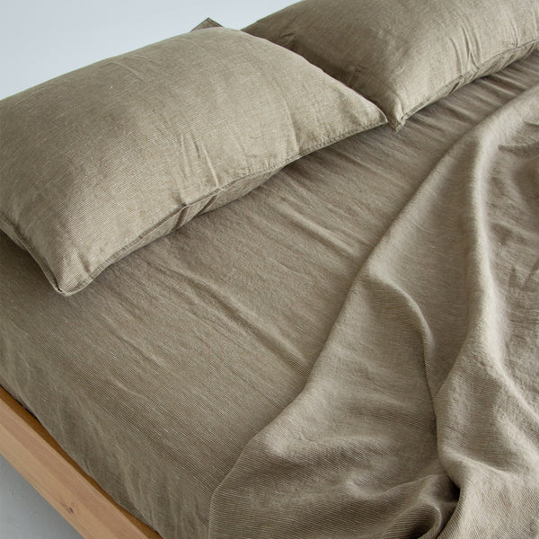 European Linen Fitted Sheet - Olive Pinstripe