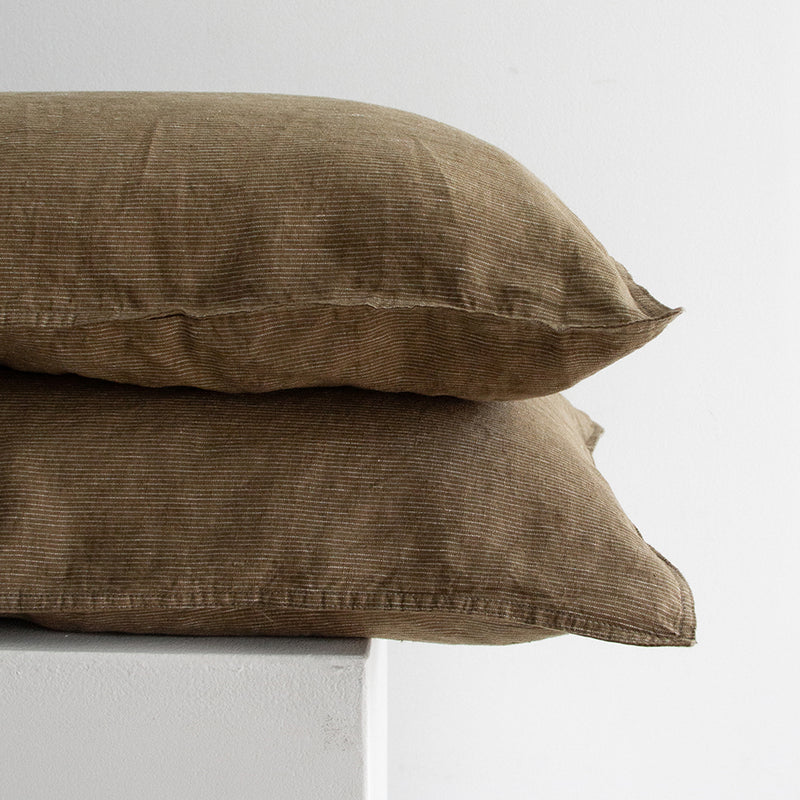 European Linen Pillowcases - Olive Pinstripe