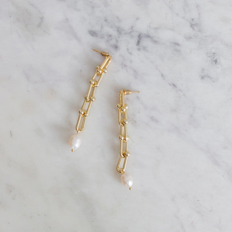 Pearl Link Drop Earring - Gold