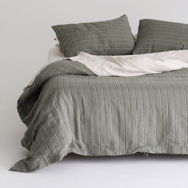 European Linen Duvet Cover - Rosemary Dual Stripe