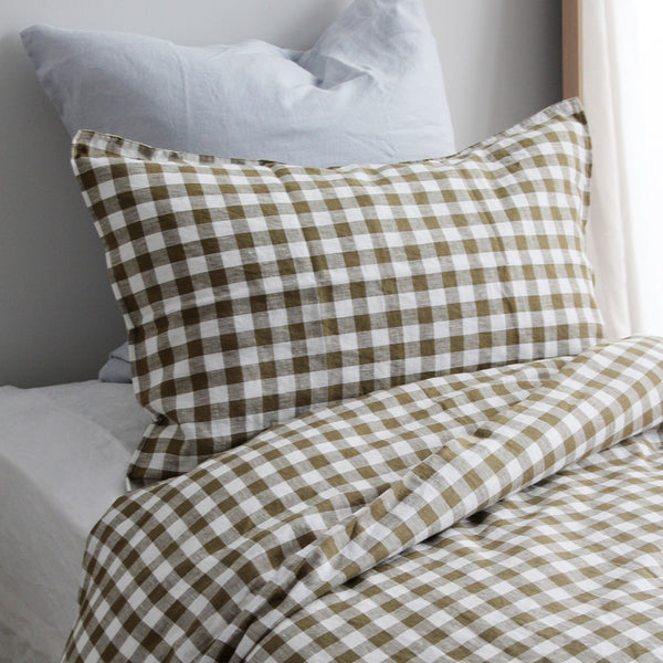 Linen Duvet Set - Olive Gingham, King Single